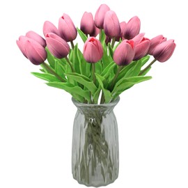 ALIERSA Artificial Flowers 10 Heads Mini Real Touch Artificial Tulip for Home Wedding Party Centerpiece Decoration (Dark Berry Pink)