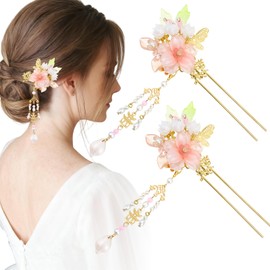 2PCS Chinese Dangling Hair Sticks, Pink Flower Chinese Hair Sticks with Tassel for Long Hair Buns for Women