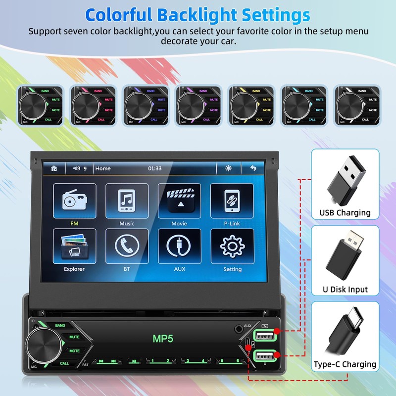 Motorsi Single Din Car Stereo Audio with Carplay Android Auto
