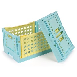 HOYA PONYOO 2-Pack Pastel Plastic Storage Crates, Foldable & Stackable Crates for Home, Office, Bathroom, 12 x 8.7 x 7 Collapsible Organizers, Blue＆Yellow, Middle