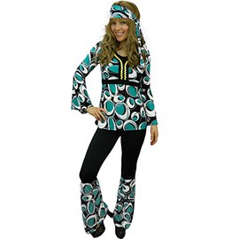 Yummy Bee Hippy Plus Size 6-18 Fancy Dress Costume 60s 70s Ladies Flower Power Hippie Adult Gogo Disco (Turquoise, Women: 8, M)