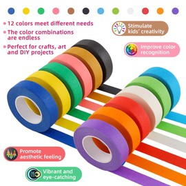 Colored Masking Tape, Rainbow Colors Painters Tape Colorful Craft Art Paper Tape for Kids Labeling Arts Crafts DIY Decorative Coding Decoration Teaching Supplies, 12 Rolls, 0.6Inch Wide x 25Yards Long