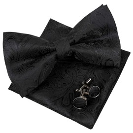 Alizeal Mens Retro Paisley Pre-tied Bow Tie, Pocket Square and Cufflinks Set, Black