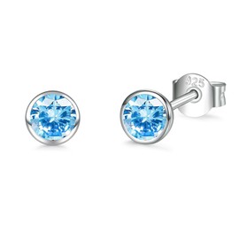 Sterling Silver Stud Earrings for Women Men Girls, 1 Pairs Small Blue Cubic Zirconia Stud Earrings, Hypoallergenic Tiny Sleeper Cartilage Tragus Earring Multiple Pirercings Kids Gifts, 4mm