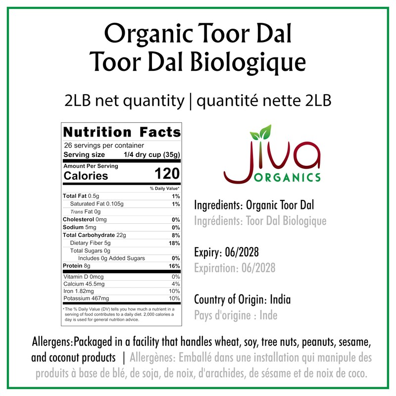 Jiva Organic Toor Dal Kori, Unoily, Madhi 2 Pound Bag