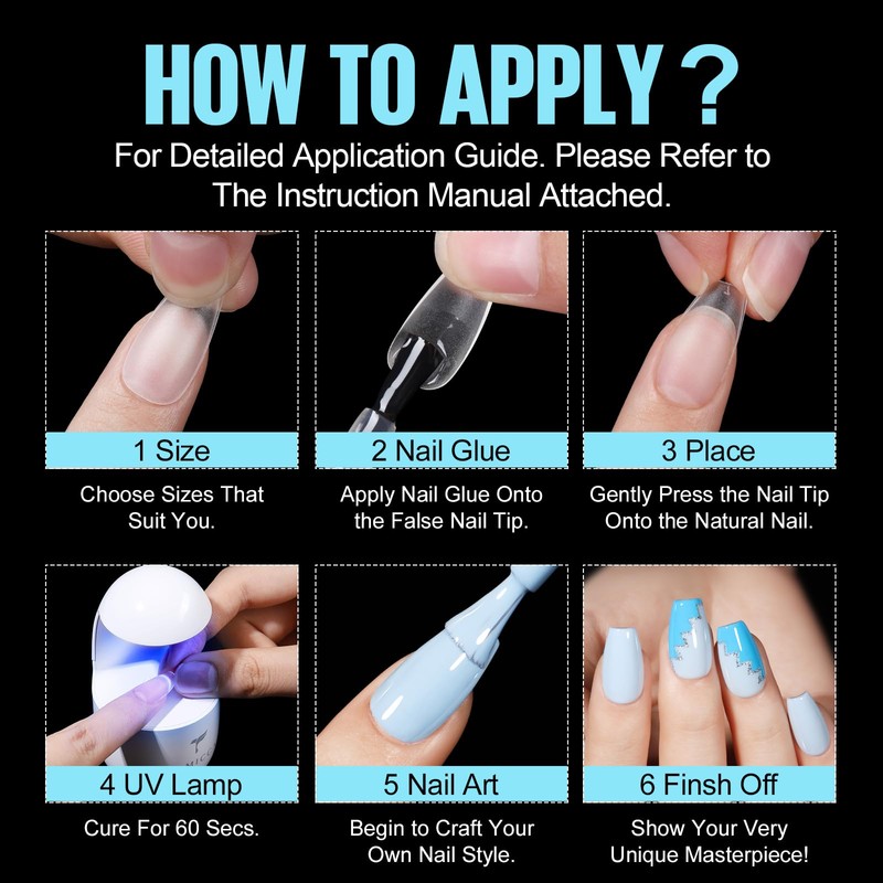 TOMICCA Short Square Nail Tips with Nail Glue Set, Nail