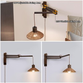 Wood Plug in Wall Sconces, Swing Arm Wall Lamp with Dimmable On Off Switch, Vintage Wall Mounted Light Fixture with Cord for Bedroom Nightstand Bedside Reading Lamp - Bulb Included
