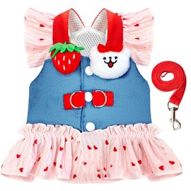 Small Dog Harness and Leash Set Denim Cat Harness Dress for Puppy Clothes for Girls Pink Dog Birthday Dress French Bulldog Harness with Strawberry Bear Decoration