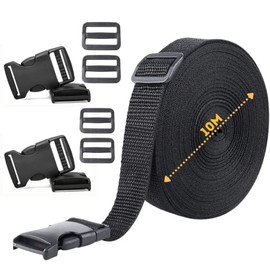 Webbing Strap, Black Polypropylene Webbing Strap Tape 20mm,25mm,40mm,50mm Wide for DIY Craft Dog Collar, Tow Ropes, Luggage Belt, 10M with 5 Sets of plastic release plastic buckles (50mm)