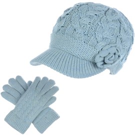 Boina de invierno elegante con visera para mujer, forro polar de felpa cálido, Set de guantes de sombrero de flores pastel, Talla única