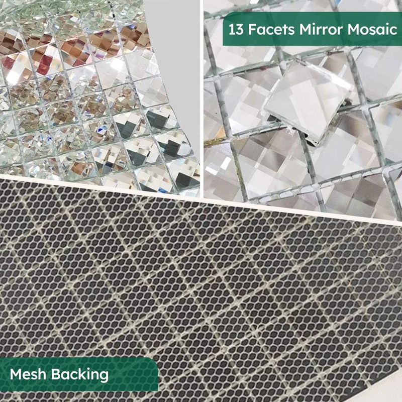 Diflart Mirror Backsplash, 3/4 Inch Silver Square, Crystal Diamond Mirror