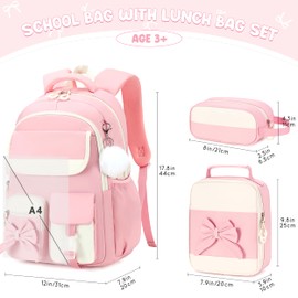Tecoloy Backpack for Girls, 3PCS Girls Backpack with Lunch Box & Pencil Case, Waterproof Lightweight Bookbag for Girl Elementary Middle School, Bow Travel Daypack Pink