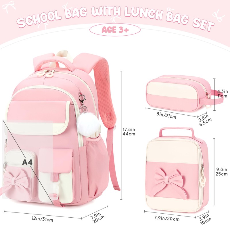 Tecoloy Backpack for Girls, 3PCS Girls Backpack with Lunch Box