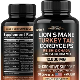 Mushroom Supplement Complex - Organic Lion's Mane, Turkey Tail, Chaga, Cordyceps, Reishi, Maitake, Shiitake, Meshima, Tremella, Oyster, Agaricus - Made in USA - 12-in-1 Complex energy gmo free support focus