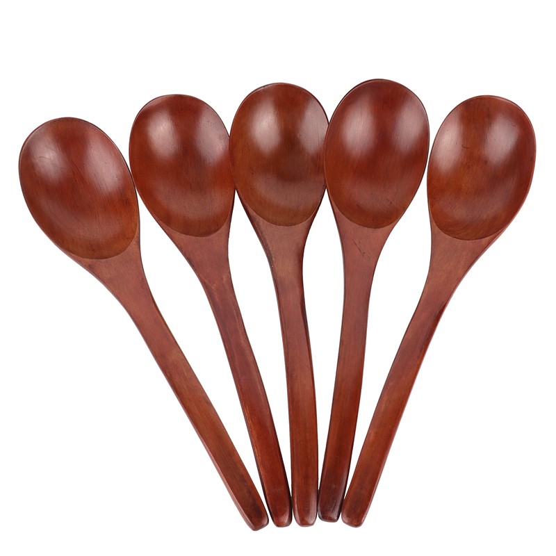 5Pcs Wooden Soup Spoon with Curved Handle Multi Purpose Rice