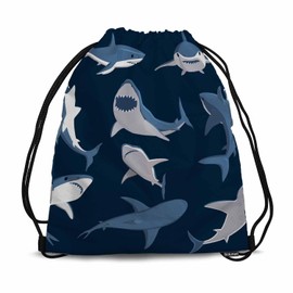 Sotunad Drawstring Backpack Bag Sports Gym Sack Blue Shark Wildlife Sea Animal Swimming Blue White Shoe Bag for Women Men 14x16.9 Inch