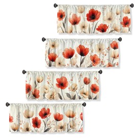 Wssklovj Flower Curtain Valance for Windows 4 Pack Tulip Watercolor Red Cream Rod Pocket Window Treatments Short Curtains for Kitchen Windows Bathroom Bedroom 54x18 Inch