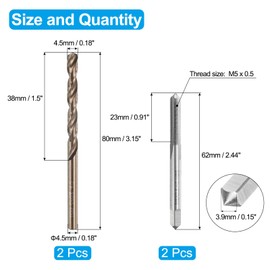 sourcing map Tap and Drill Bit Set, 2pcs M5 x 0.5 Metric Straight Flute Thread Screw Taps & 2pcs 4.5mm Twist Drill Bits, Uncoated/Roasted Yellow HSS-6542/M35 HSS-CO Tapping Threading Tool