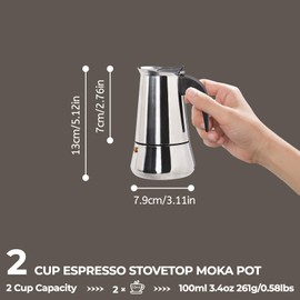 Mogrecha 2 Cup 100ml Moka Pot Stainless Steel Espresso Coffee Maker Stovetop Coffeemaker Italian Classic Style Brewing Greca Cafe Mocha Machine for Cafeteras Lover Camping Travel and Home Use 3.3oz