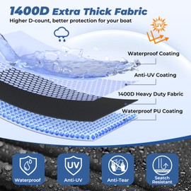 RVMasking Boat Cover, Ultra-Thick 1400D Polyester Canvas with Double PU Waterproof Coating, Fits 16-18.5ft Tri-Hull, V-Hull, Runabout, Fish & Ski Boat, Bass Boat, Black