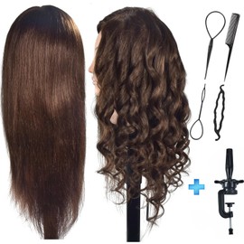 Mannequin Head 20"-22" Female 80% Human Hair Hairdresser Cosmetology Mannequin Manikin Training Head Hair Doll Head with Table Clamp Holder