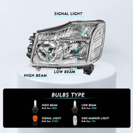 TUSDAR Headlight Assembly Compatible with 2004-2015 Nissan Titan / 2005-2007 Armada Halogen Headlamp Left and Right side (Chrome Housing with Clear Reflector)
