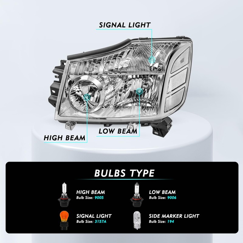 TUSDAR Headlight Assembly Compatible with 2004-2015 Nissan Titan / 2005-2007