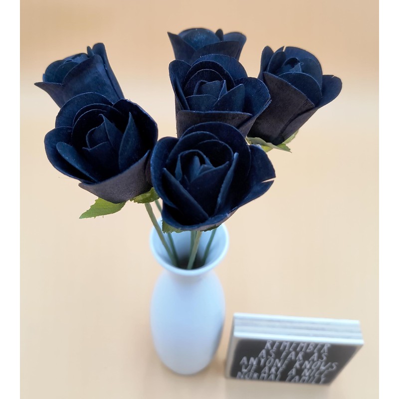 6 Black Half Open Bud Wooden Roses for Crafts Custom