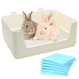 Fhiny Large Rabbit Litter Box for Cage, Plastic Guinea Pig Ltter Pan with 6 PCS Disposable Pee Pads Potty Trainer Corner Toilet Box for Bunny Guinea Pigs Ferrets Chinchillas Small Animals (White)