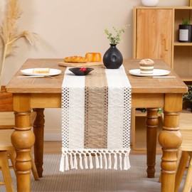 Tosleo Boho Table Runner 12×90 Inches Long with Tassels Khaki Striped Farmhouse Rustic Table Runner for Dining Wedding Party（One Piece）