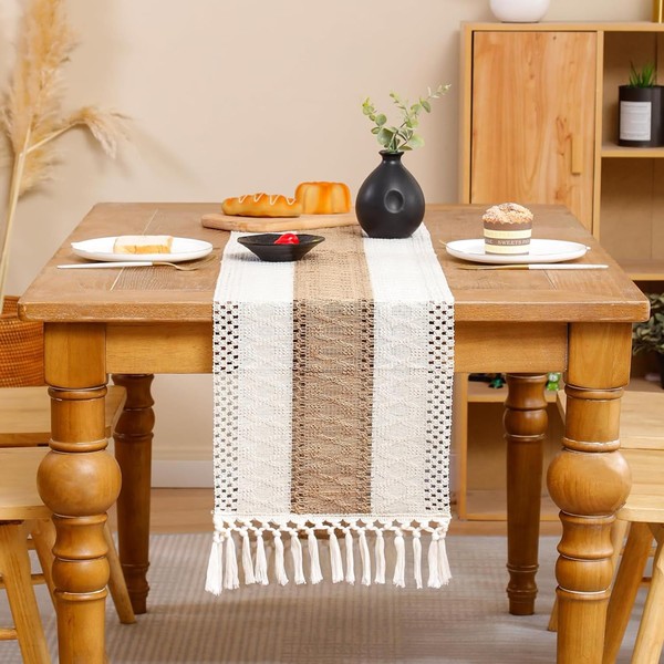 Tosleo Boho Table Runner 12×90 Inches Long with Tassels Khaki