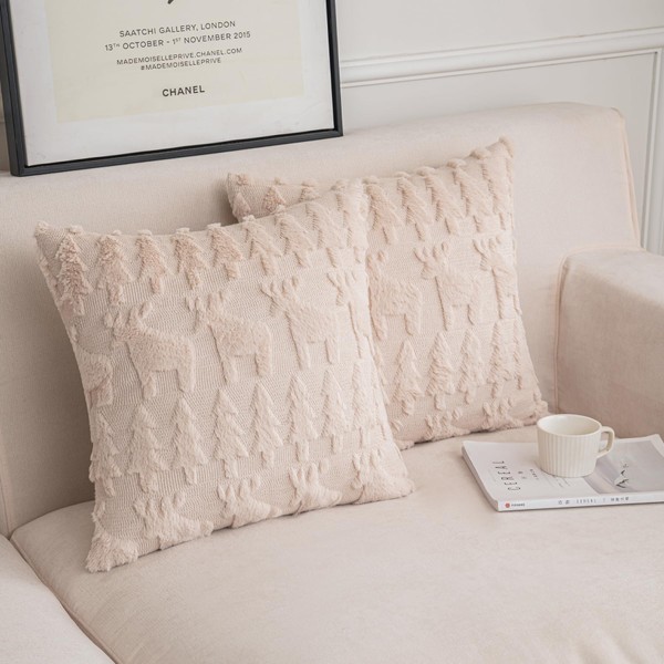 SHITURRE Beige Christmas Tree and Reindeer Decorative Throw Pillow Covers