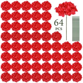 Auihiay 64 PCS Artificial Hydrangea Flowers, Silk Hydrangea Flowers Heads with Stems, Full Artificial Flowers for Wedding Centerpieces, Baby Shower, Home Garden Party Decor Fruit - Color: Red