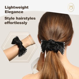 Bow Look Black Silk Hair Scrunchies with Rhinestone - Softer than Silk, Jumbo Satin Hair Tie for Thick & Thin Hair