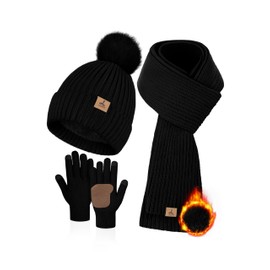 LOROME Women Winter Beanie Hat Scarf Gloves Set, Fleece Knitted Pompom Hat Warm Neck Scarf Touchscreen Gloves Winter Gift