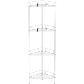 HuggieGems 4 Tier Floor Standing Corner Shower Caddy Organizer Shelf with Hooks, Bathroom Shelves Stand Rack, White