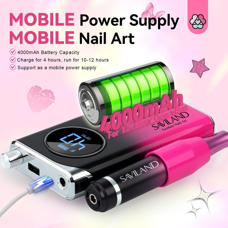 SAVILAND Professional Electric Nail Drill Machine: 40000RPM Rechargeable Nail Drill