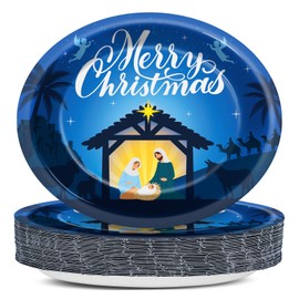 QOUBAI 50Pcs Christmas Nativity Oval Plates 11 Inch Large Merry Christmas Tableware Set Nativity Scene Jesus Disposable Dinnerware for Xmas Party Home Winter Holiday Religious Decoration Supplies