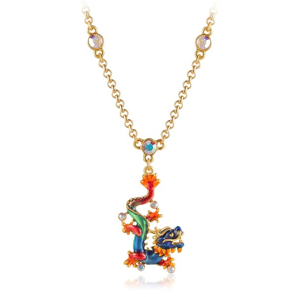 Superchic Red and Blue Enamel Chinese Dragon Necklace Embedded with