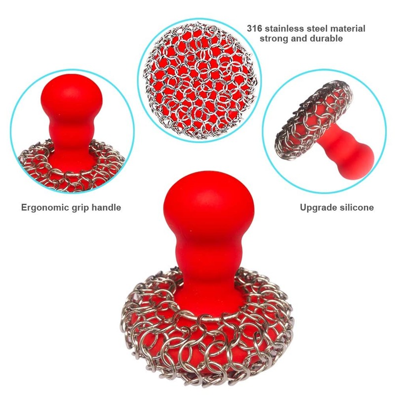 316 Upgraded Chainmail Scrubber with Silicone Handle Cast Iron Cleaner