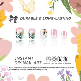 Ombre Press on Nails Short Square MABKJLF Petite Fake Nails False Nails with Designs Magnolia Flower Pink & White Natural Nails Full Cover Glossy Glue on Nails Acrylic Nails for Women Girls 24Pcs