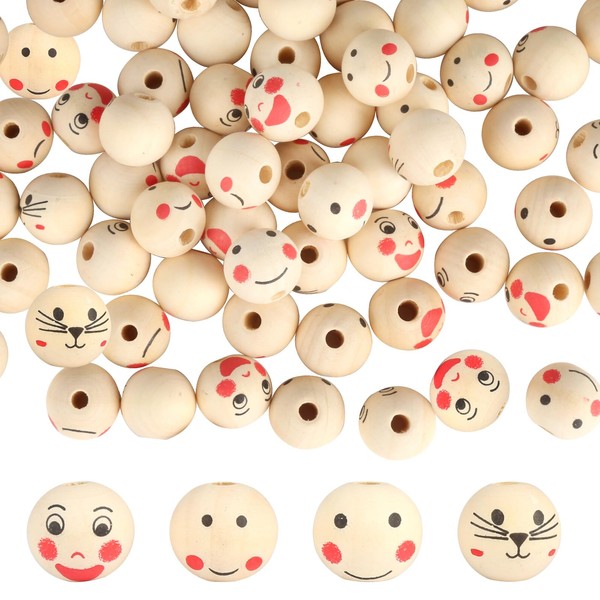 XIEJ Pack of 120 Smile Wooden Beads, 4 Styles Wooden