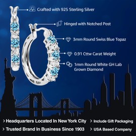 Gem Stone King 925 Sterling Silver Round Swiss Blue Topaz and White Lab Grown Diamond Hoop Earrings (0.91 Cttw, 22MM = 0.85 Inches Diameter)