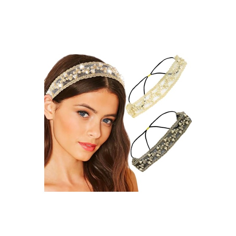 Diademas Elásticas de Encaje para Mujer, con Cuentas Y Adornos,