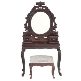 Dolls House Mahogany Vanity Dressing Table & Stool Miniature Bedroom Furniture