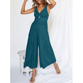 ANRABESS - overol de verano para mujer, pierna ancha, sin mangas, cuello en V, casual, con pantalones de lino, para día festivo, playa, 2025, verde azulado, L