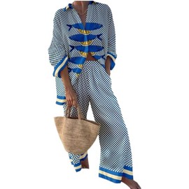 LILTWIST Summer 2 Piece Lobster Pants Sets for Women Boho Fish Crab Print Wide Leg Pajama Set Linen Button down Shirts Matching Beach Going out Set
