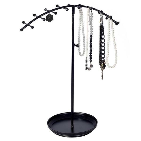 MyGift 18-Hook Black Modern Metal Adjustable Height Jewelry Display Stand/Necklace & Bracelet Organizer Rack with Ring Tray