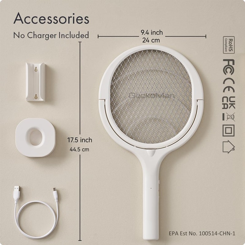 GeckoMan Rotating Head Electric Fly Swatter Racket Rechargeable Bug Zapper