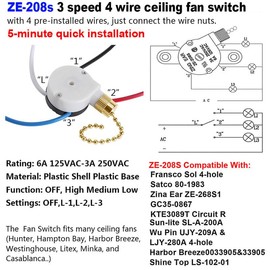 Akahttbn Ceiling Fan Switch ZE-208s E89885 - 3 Speed 4 Wire Fan Light Switch Replacement with Pull Chain (Brass Chain)